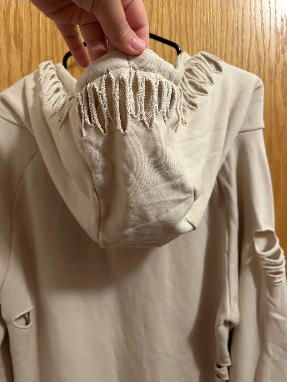 Distressed Cream Hoodie Sweater - Relaxed Crew Neck